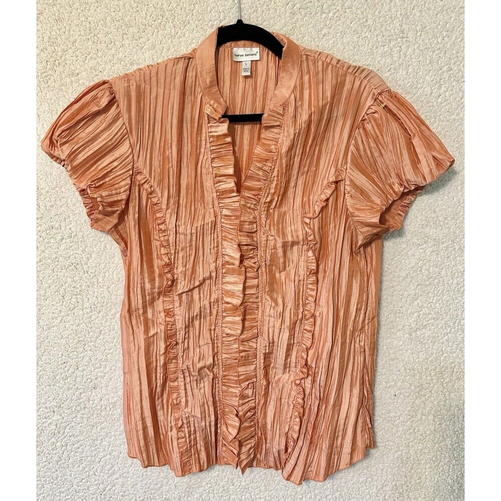 Harve Benard Blouse Womens‎ Peach Crinkle Pleated V-neck Button Up Top L
